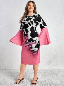 Celure 大碼圖案印花喇叭袖洋裝 - 粉色 - 查看 3