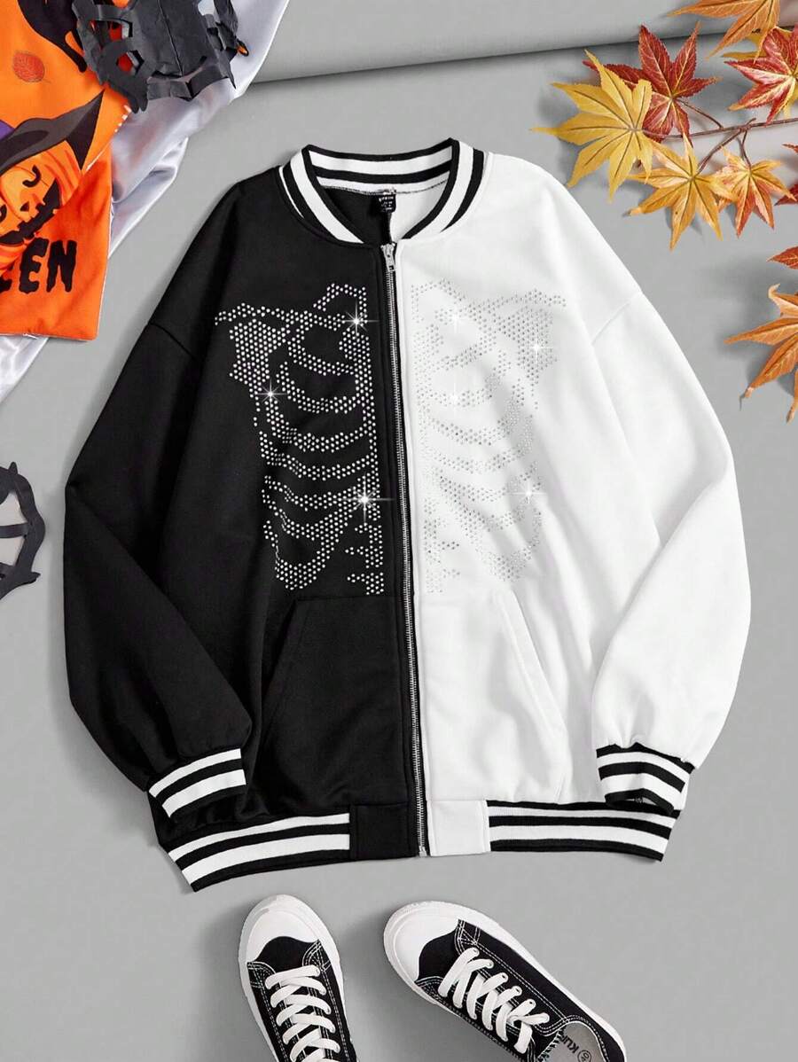 SHEIN EZwear Halloween 1pc Skeleton Rhinestone Two Tone Striped Trim Drop Shoulder Bomber Jacket - Black and White - View 1