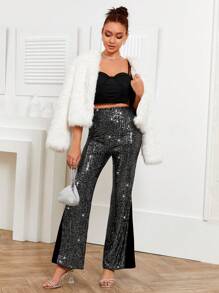SHEIN Privé Sequin Flare Leg Pants - Black - View 5