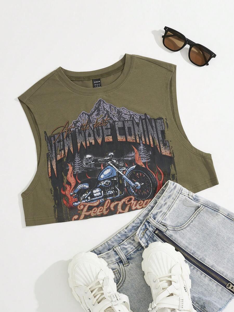 SHEIN Coolane Motorcycle & Letter Graphic Crop Tank Top - Army Green - View 1