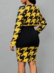 SHEIN Lady 千鳥格印花開門襟夾克&緊身洋裝 - 彩色 - 查看 2