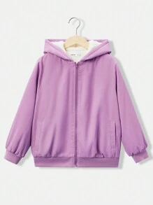 SHEIN Tween Girl Zip Up Thermal Lined Hooded Jacket - Violet Purple - View 3