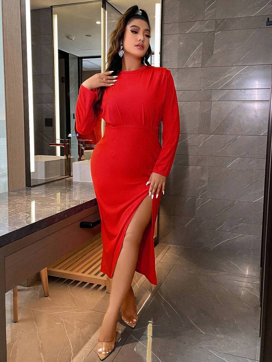 SHEIN Unity Plus Christmas Solid Split Thigh Dress - Red - View 1