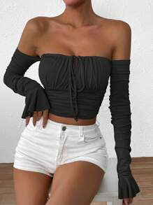 Chiquease Off Shoulder Ruched Bust Flare Sleeve Crop Tee Fall Cloth For Women - Black - View 3
