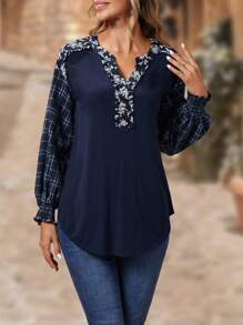 EMERY ROSE Plaid Print Notched Neckline Lantern Sleeve Blouse - Navy Blue - View 5