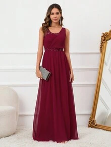 Asymmetrical Neck Chiffon Maxi Cocktail Dress - Burgundy - View 3