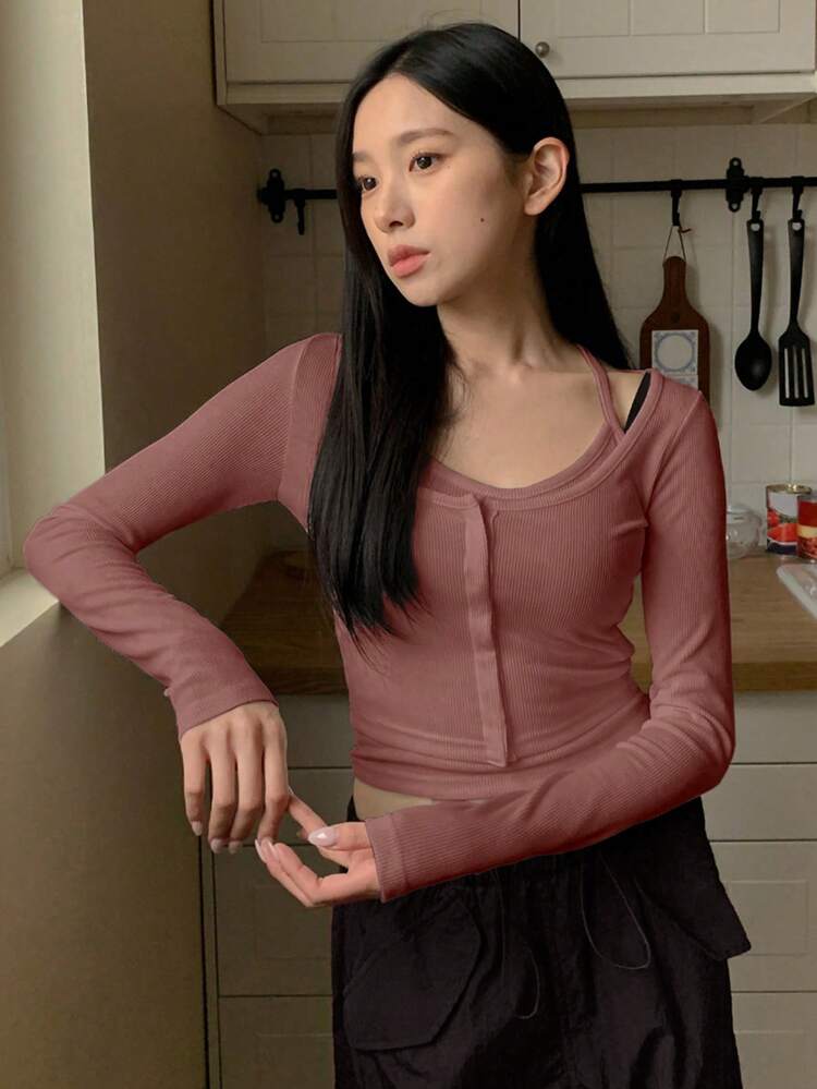 Solid Button Front Crop Tee & Halter Top,Fall Clothes Long Sleeve Women Tops