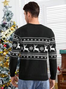 Manfinity VCAY Men Christmas Elk & Geo Pattern Sweater, For Fall Winter - Black - View 2