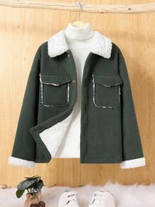 SHEIN Tween Boy Oversized Plush Lapel Collar Pit Strip Sports Jacket - Army Green - View 7