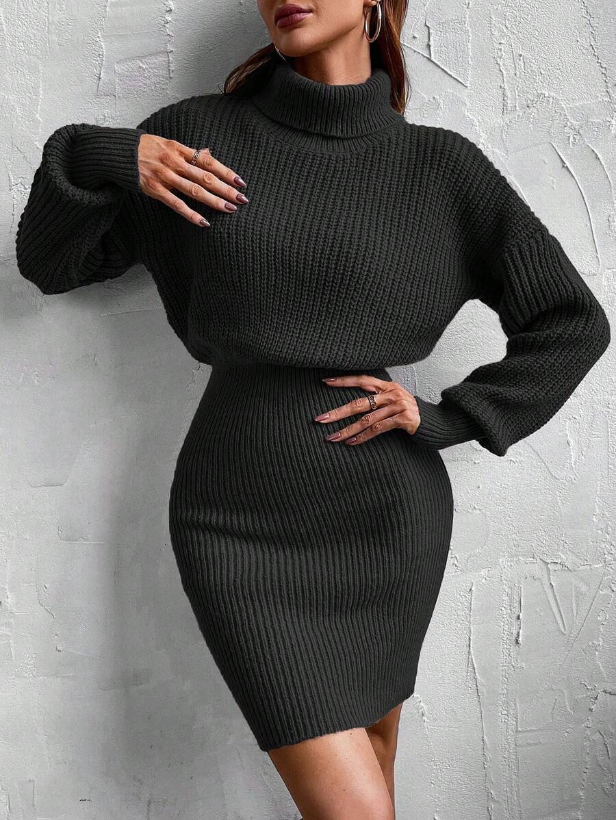 EMERY ROSE 高領落肩袖毛衣洋裝 - 黑色 - 查看 1