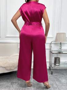 SHEIN Clasi Plus Mock Neck Belted Satin Wide Leg Jumpsuit - Hot Pink - View 2