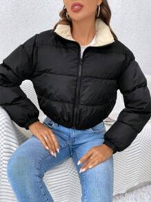 SHEIN Frenchy 冬季拉链短款夹棉大衣 - 黑色 - 查看 6
