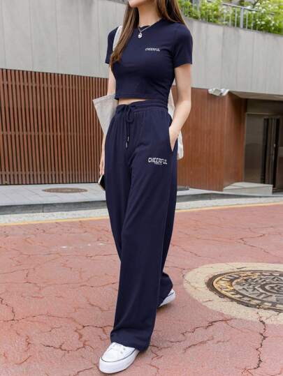 DAZY 2pcs/Set Women Letter Print Crew Neck Short Sleeve T-Shirt & Pants, Business Casual Style Fall/Winter Lounge Sets For Women