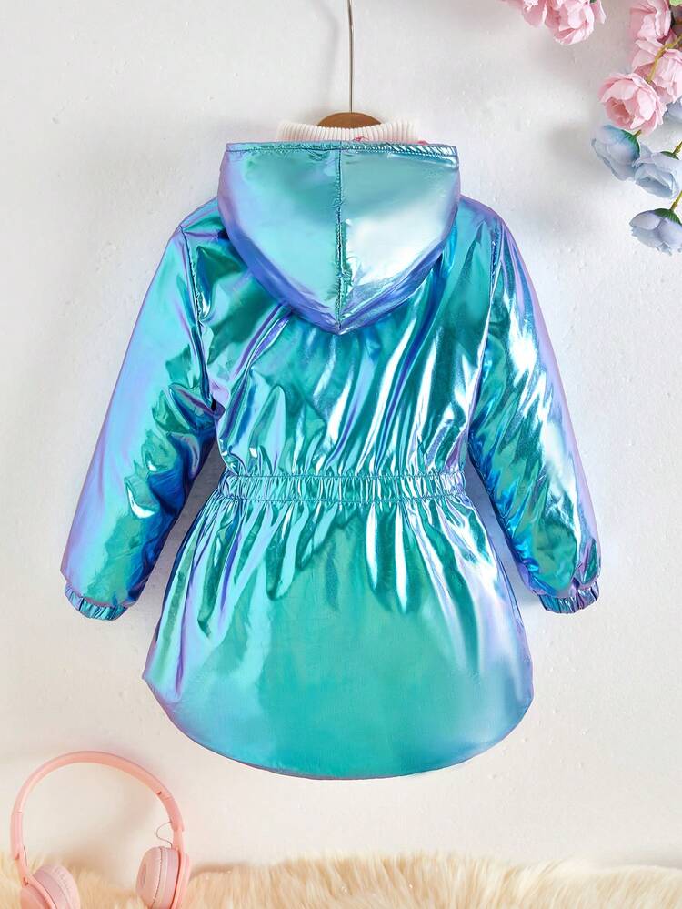 Young Girl Zip Up Hooded Holographic Thermal Coat Without Sweater