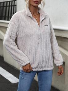 SHEIN Frenchy Letter Embroidery Half Zip Drop Shoulder Teddy Sweatshirt - Apricot - View 6