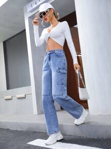 SHEIN Privé 有蓋口袋側工裝牛仔褲 - 藍色 - 查看 6