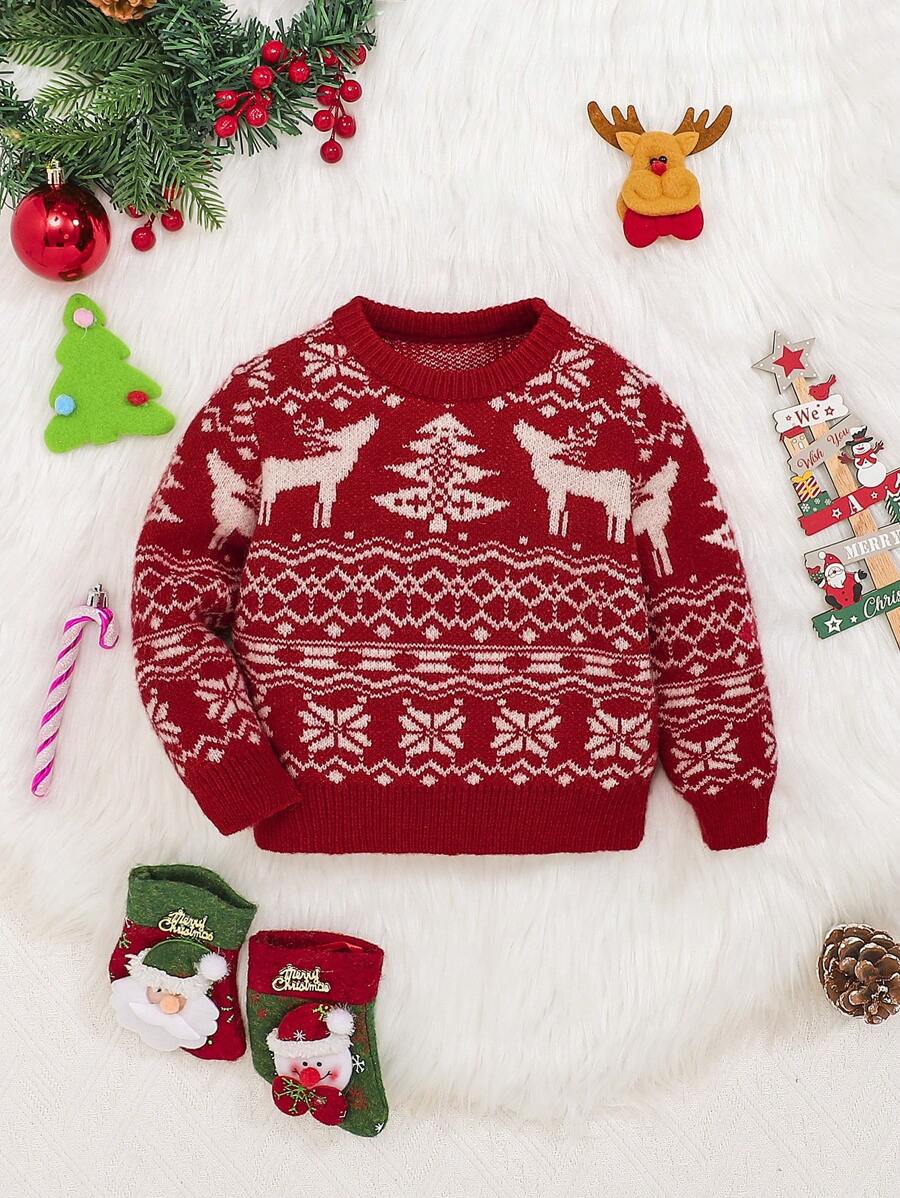 SHEIN 圣诞男婴几何图案毛衣（不含衬衫） - 紅白色 - 查看 1