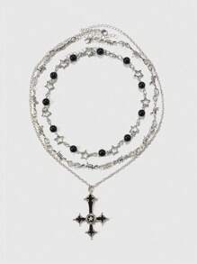ROMWE Goth 3入組時尚鐵合金交叉&星形裝飾項鍊適合女士日常裝飾 - 彩色 - 查看 3
