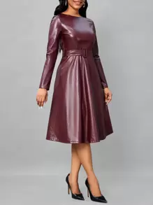 SHEIN Lady Women Spring Autumn Solid Color PU Leather Round Neck Long Sleeve Midi Elegant Office Dress