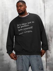 Manfinity VCAY Oversized Men Plus Size Slogan Graphic Drop Shoulder Sweatshirt, For Fall Winter - Black - View 4