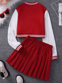SHEIN Teen Girl Letter Patched Striped Trim Jacket & Pleated Skirt, School, Campus, College