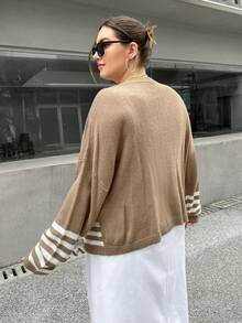 SHEIN Essnce Plus Striped Pattern Drop Shoulder Cardigan - Coffee Brown - View 2