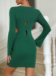 Zolique Cut Out Front Bodycon Sweater Dress - Green - View 2