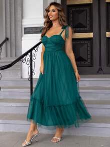 Joyfunear 肩部系带荷叶边下摆网眼罩层连衣裙