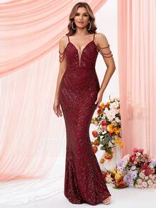 LOVE&LEMONADE Cold Shoulder Mermaid Hem Sequin Prom Dress - Red - View 7