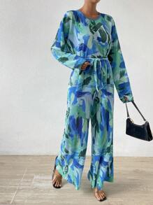 Breezaya Allover Print Belted Wide Leg Jumpsuit