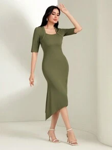 Modelyn 素色不對稱下擺洋裝 - 軍綠色 - 查看 6