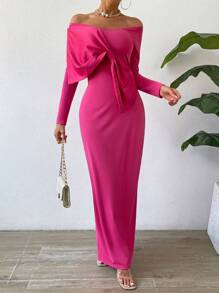SHEIN Privé Off Shoulder Twist Front Bodycon Dress - Hot Pink - View 6