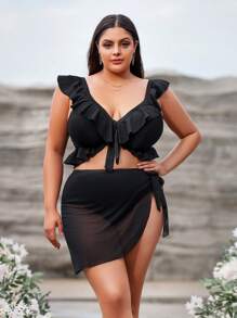 SHEIN Swim Curve Plus Ruffle Trim Knot Front Bikini Set With Beach Skirt - Black - View 6