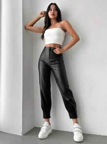 SHEIN Cottnline PU Leather Carrot Pants - Black - View 4