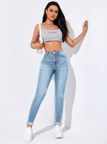 Flexra High-Waisted Button-Embellished Skinny Stretch Distressed Y2K Jeans - Light Wash - View 3
