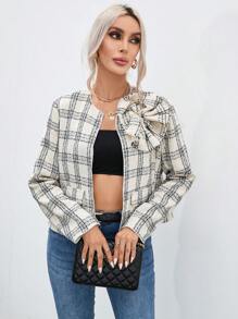 SHEIN Privé 格子印花蝴蝶結前開襟花呢夾克 - 杏色 - 查看 7