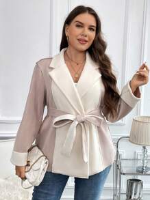 SHEIN Clasi Plus Two Tone Lapel Neck Belted Coat - Beige - View 3