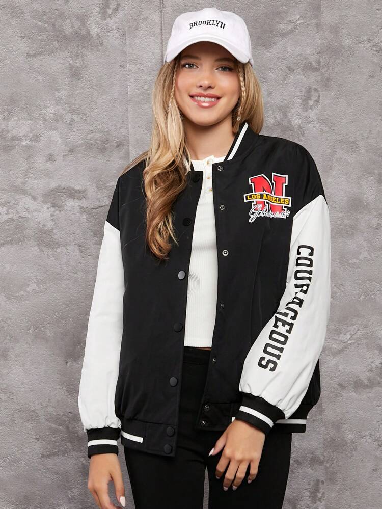 Teen Girl Letter Graphic Drop Shoulder Two Tone Varsity Jacket