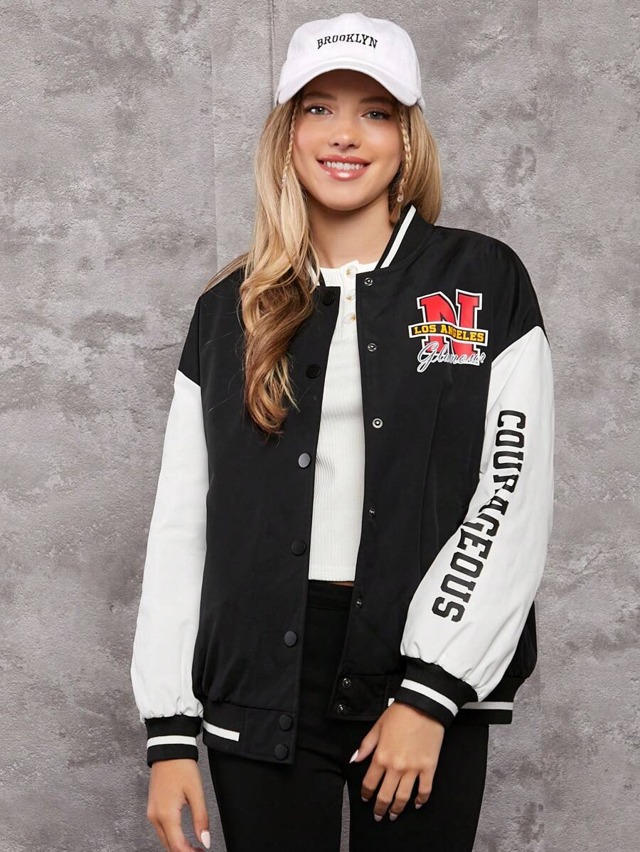 Teen Girl Letter Graphic Drop Shoulder Two Tone Varsity Jacket - Black and White - View 1