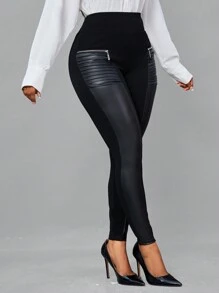 SHEIN Lady Zip Detail Wideband Waist PU Leather Leggings