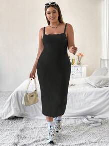 Flirla Talla grande Vestido de punto de tirantes unicolor - Negro - Ver 5