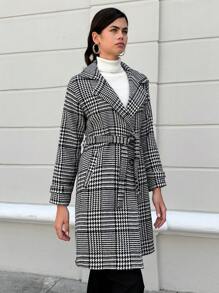 EURMUSE Houndstooth Print Belted Overcoat - Black and White - View 5