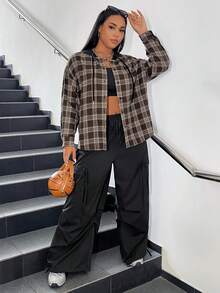 SHEIN EZwear Plus Plaid Print Drop Shoulder Drawstring Hooded Blouse - Brown - View 5