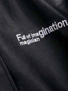 DAZY 字母图案插肩袖 PU 皮革外套女式夹克，秋季女装 - 黑色 - 查看 4