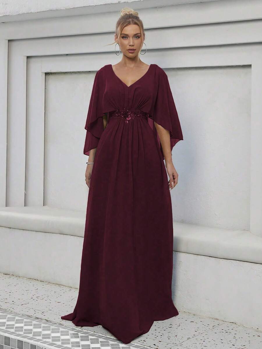 V-Neck Flare Sleeve Sequin & Embroidered Applique Party Dress - Burgundy - View 1