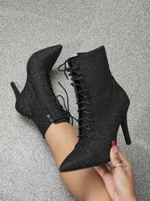 Women's Fashion Pointed Toe High Heel Boots, Mid-Calf Lace-Up Boots With Side Zipper, Comfortable High Heel Formal Shoes For Banquet And Party, Elegant And Sexy High Boots, Ankle Boots - Black - View 2