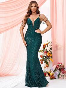 LOVE&LEMONADE 嵌入網紗魚尾裙下擺亮片舞會洋裝 - 綠色 - 查看 3