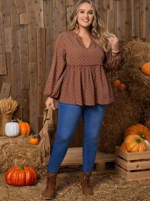 EMERY ROSE Plus Allover Print Notched Neckline Lantern Sleeve Peplum Blouse - Brown - View 5