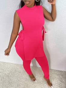 Slaydiva Mock Neck Knot Side Asymmetrical Hem Top & Leggings - Hot Pink - View 6