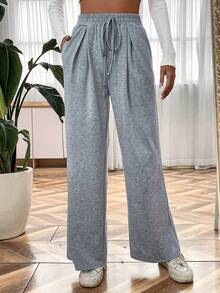 SHEIN LUNE Pantalones deportivos de cintura con cordón de pierna ancha - Gris - Ver 6